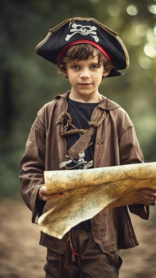 해적 모자를 쓰고 보물 지도를 들고 있는 모험심 넘치는 어린 소년.