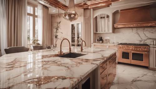Una opulenta cocina de mármol beige con detalles en cobre.