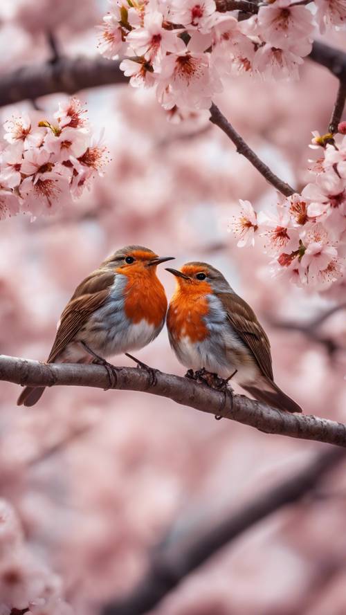 A pair of red robins nestling in a cherry blossom tree during spring.