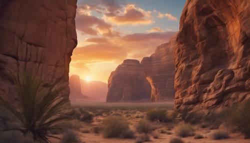 Kamienne łuki w pustynnym kanionie z zachodem słońca malującym malownicze barwy na niebie