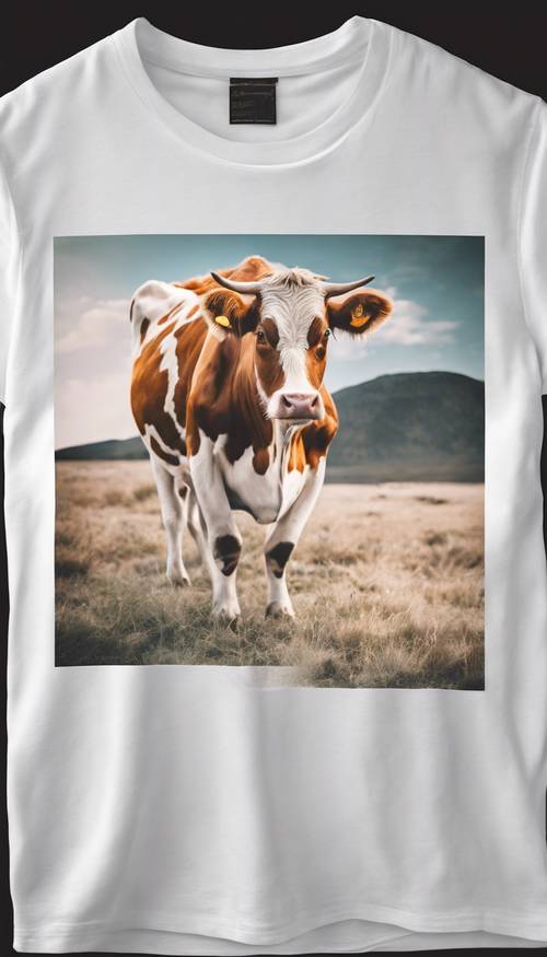 Cetakan sapi berwarna pastel yang penuh gaya pada T-shirt putih bersih.