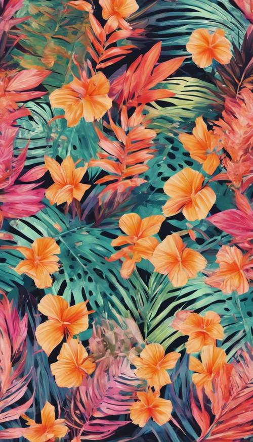 Um padrão de listras abstrato feito de uma mistura de flores e folhas tropicais.
