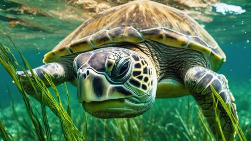 A sea turtle munching on vibrant green sea grass at the bottom of the ocean.