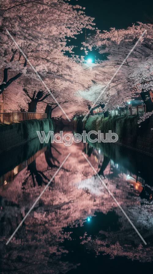 Cherry Blossoms Reflecting in Night Water