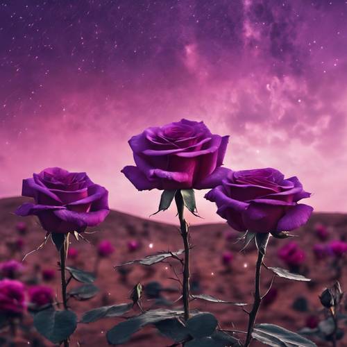 A surreal image of giant roses in an otherworldly desert under a purple evening sky with meteors raining down.