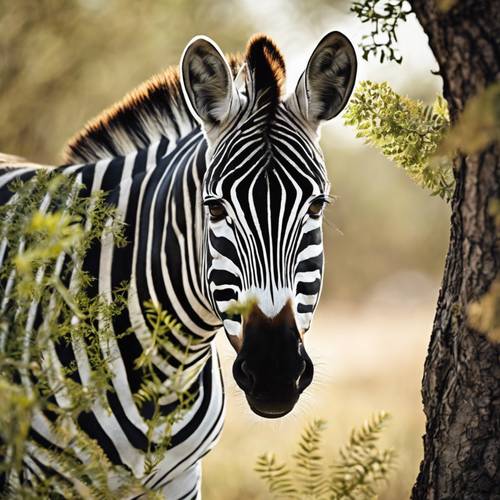 Una zebra rosicchia con calma le foglie fresche di un albero di acacia.