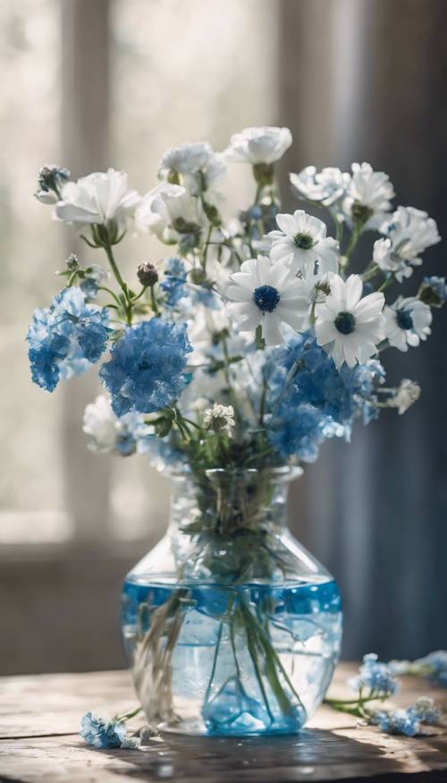 ציור של פרחים לבנים וכחולים באגרטל זכוכית על משטח שולחן כפרי