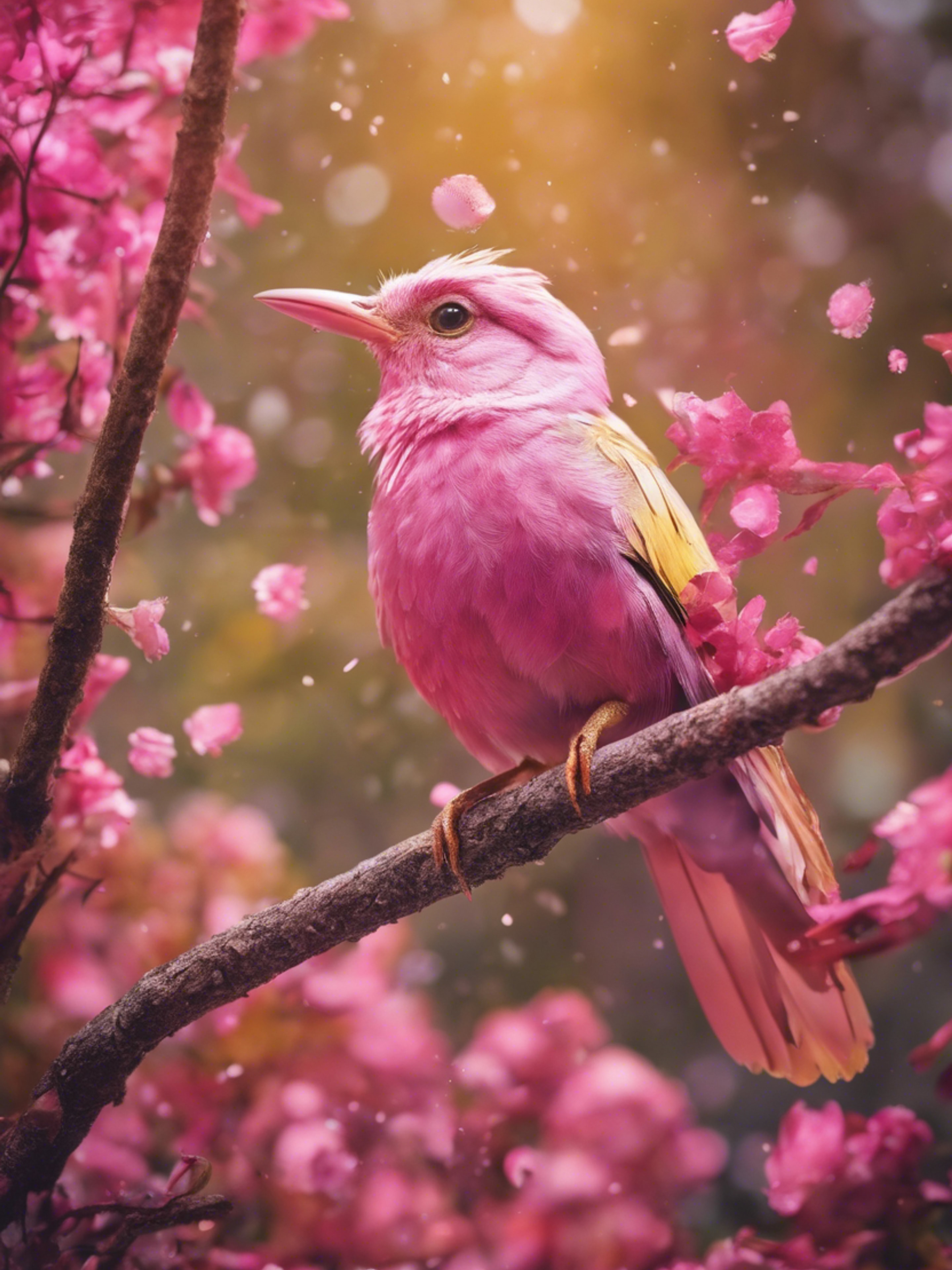 An enchanting pink and gold bird unknown of in biology books, fluttering in an explosion of color in the forest. Wallpaper[4daf5f1d2e46407b9d3d]