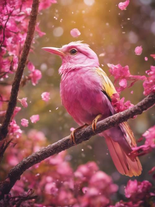 Ein bezaubernder rosa und goldener Vogel, den man aus Biologiebüchern nicht kennt, flattert in einer Farbexplosion durch den Wald.