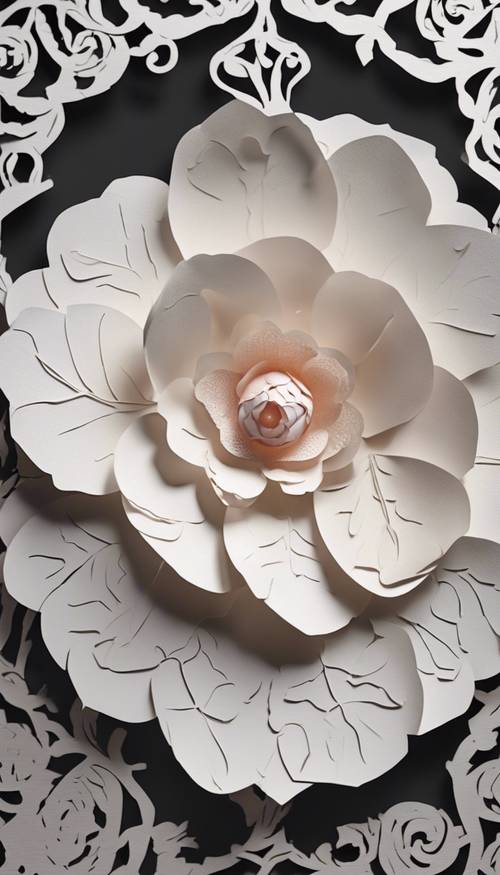 An intricate, paper-cutting artwork of a camellia flower.