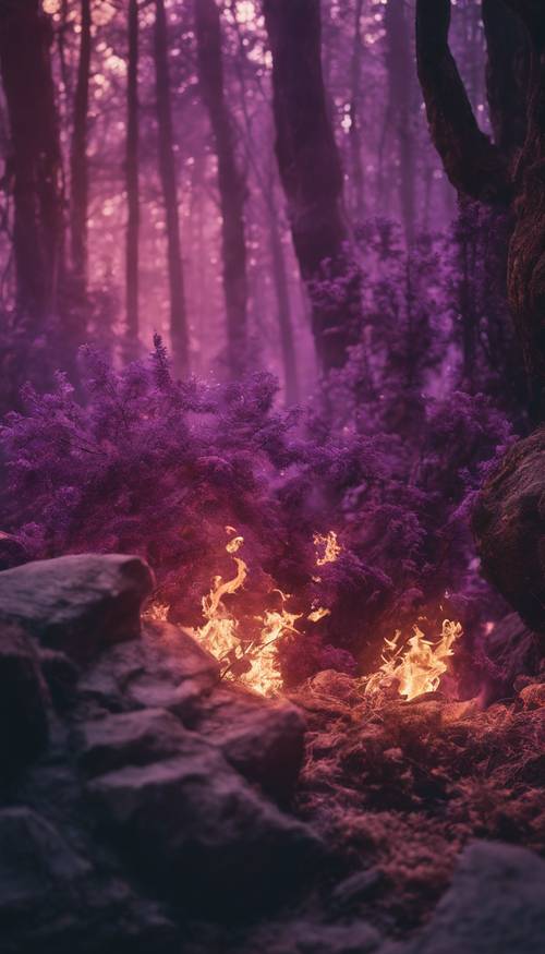 Ein violettes Feuer, das in einem uralten Wald brennt.