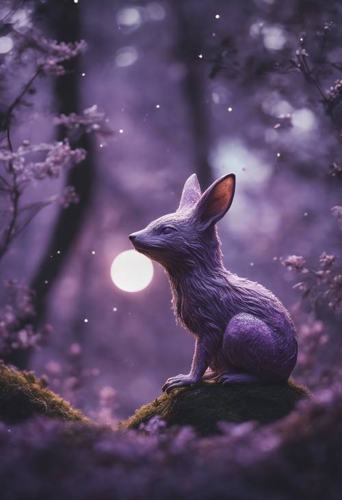 Una criatura del bosque, bañada por el suave resplandor lila de la luna, explorando cautelosamente el bosque.