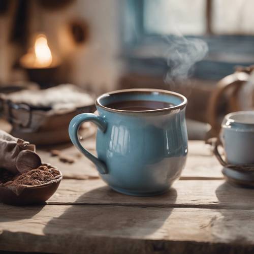 A pastel blue pottery mug, steaming with hot cocoa, on a farmhouse kitchen table.