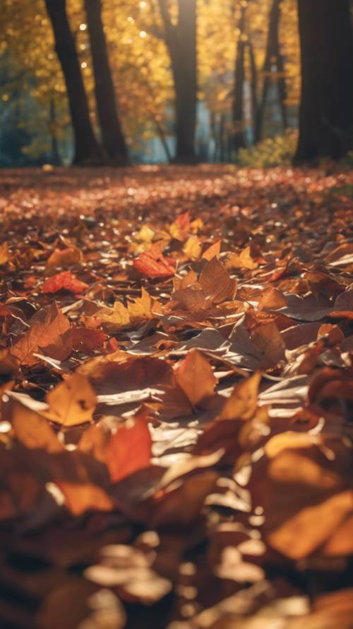 An einem schönen Herbstnachmittag glitzern verstreute leuchtende Herbstblätter auf dem Waldboden.