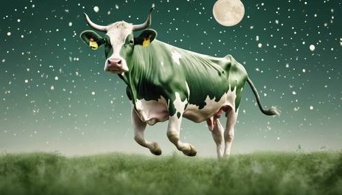 An animated image of a very happy sage green cow with white blotches jumping over a creamy moon. Wallpaper [7869455b6254496b99d3]