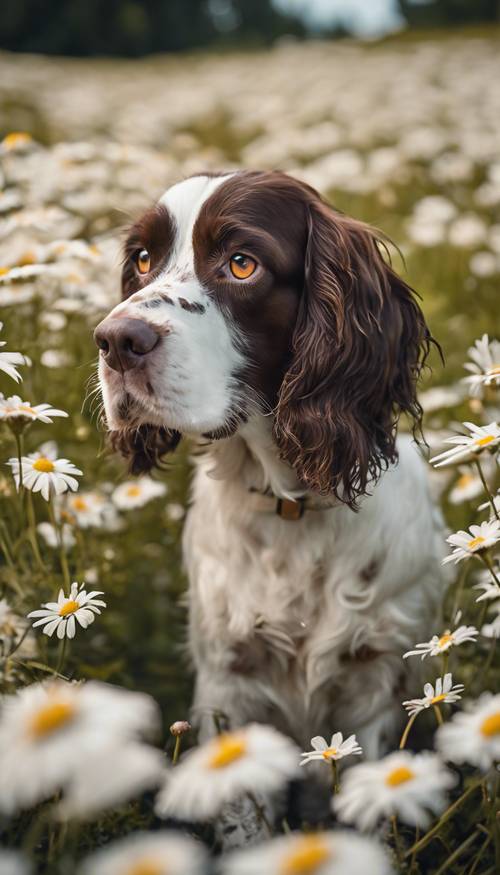 一隻頑皮的史賓格犬在雛菊田裡嬉戲。