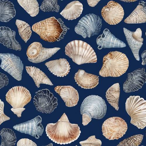 Patterned navy blue background adorned with countless whimsical seashells.