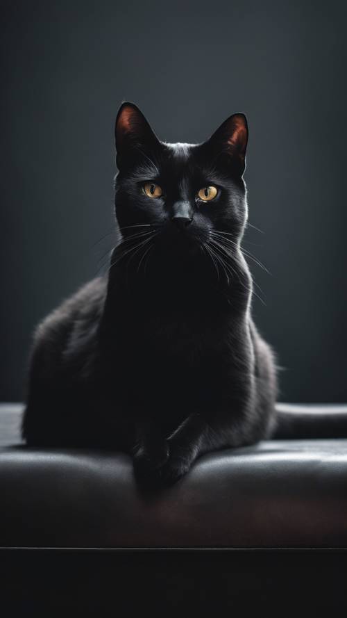 Eine elegante schwarze Katze, die allein in einem minimalistischen, dunklen Raum sitzt.