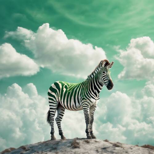 Uma representação surrealista de uma zebra verde flutuando em um céu claro entre nuvens brancas fofas.