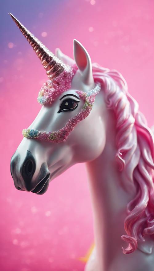 Unicorn merah muda yang aneh dengan tanduk perak mengkilap dengan latar belakang pelangi.