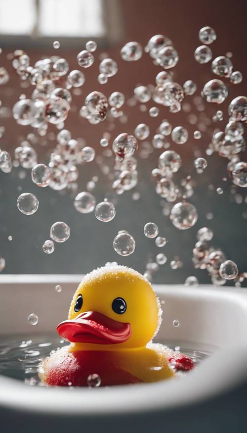 Un canard en caoutchouc jaune portant un chapeau à carreaux rouges flottant dans une baignoire pleine de bulles.