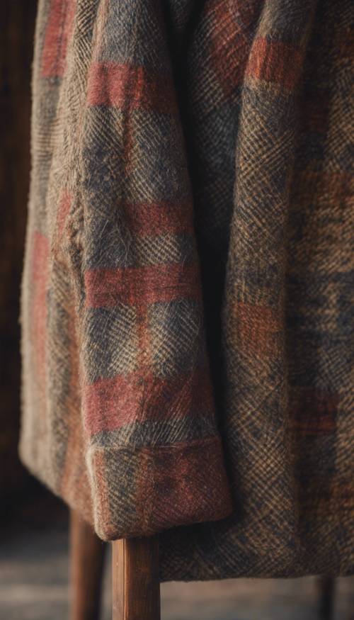 A tight close-up of a vintage plaid woolen coat draped over a weathered wooden chair.
