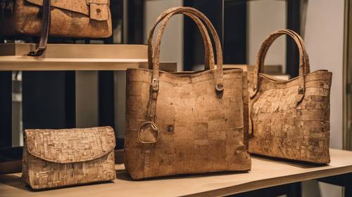 حقائب يد مصنوعة يدويًا من الفلين معروضة في متجر في كورك، مما يوضح اتجاه الموضة المستدامة.