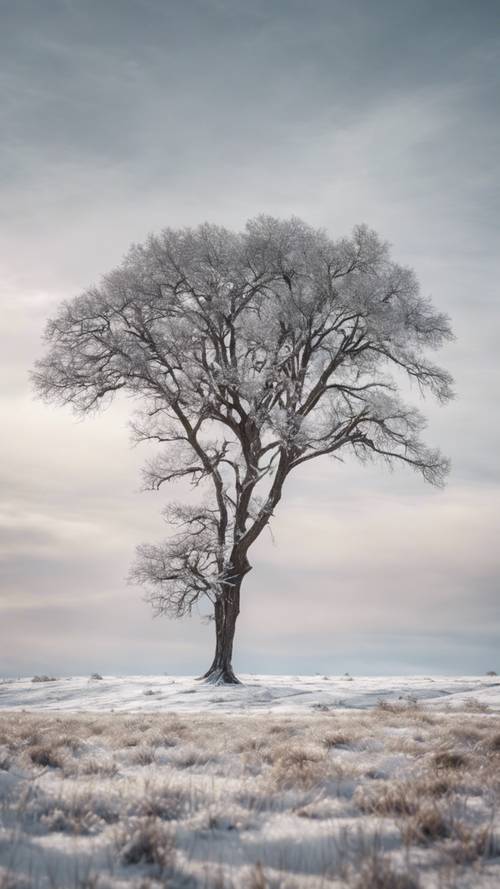 A lone tree standing tall in the middle of a vast, snowy plain Tapeta [d4f534b11ef84452aea2]
