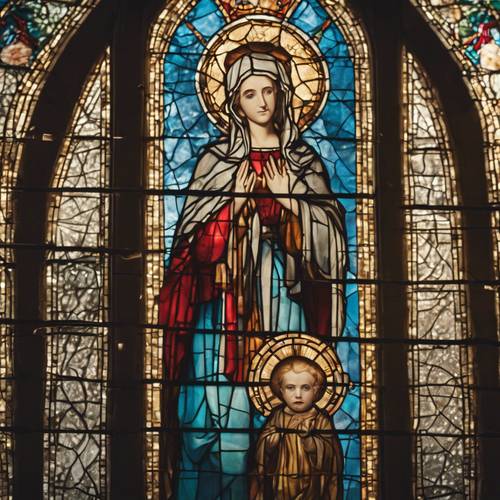 Witraż przedstawiający Matkę Marię, w świetle słońca rzucającym kolorowe refleksy wewnątrz cichego Kościoła.