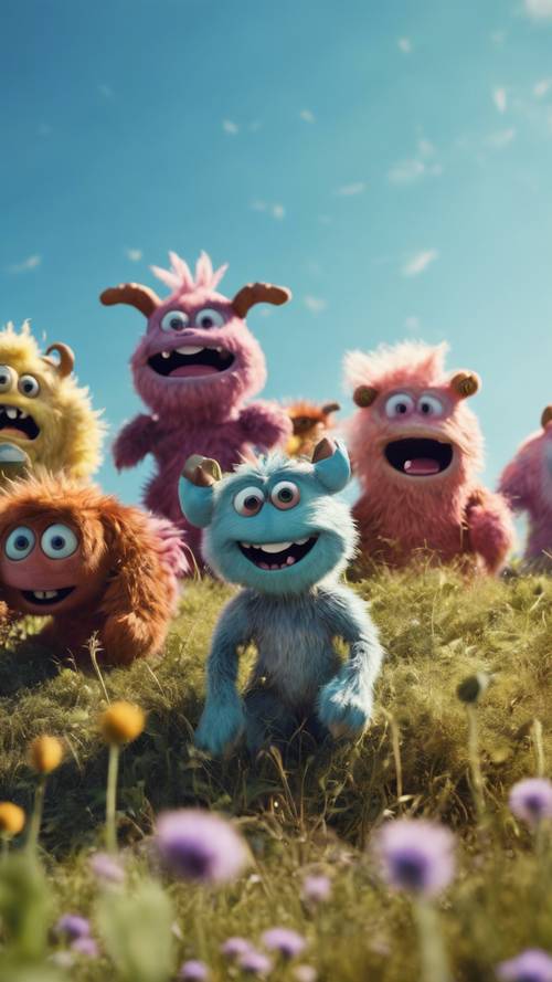 Một nhóm quái vật nhỏ có lông vui vẻ chơi đùa trên đồng cỏ đầy màu sắc dưới bầu trời trong xanh.