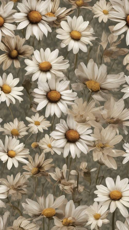 Seamless pattern of Victorian-era-inspired tabletop daisies in earthy tones.