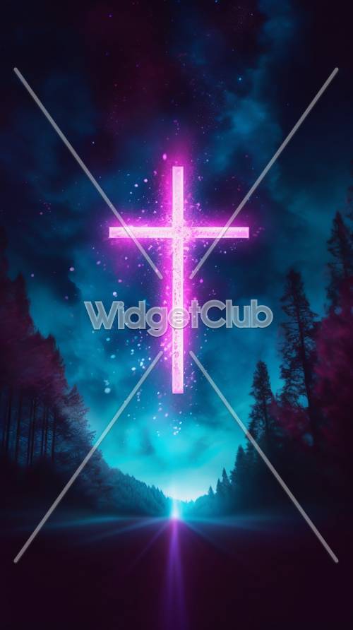 Bright Neon Cross in a Mystical Forest