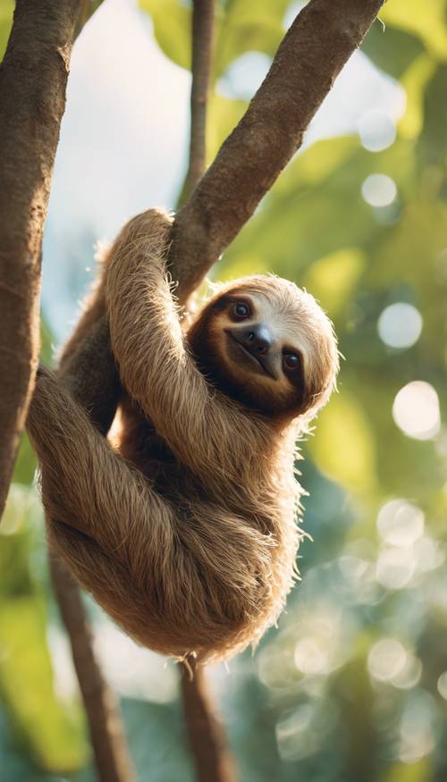 A cute baby sloth hanging from a tree in the afternoon sun.