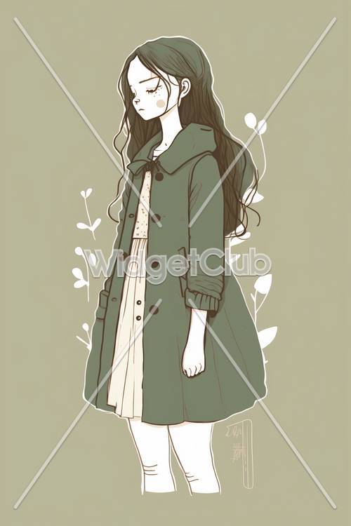 緑のコートの不思議な女の子が自然のモチーフと一緒に立っている壁紙