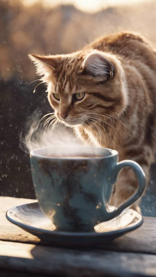 一杯温热的咖啡，上面画着一只猫在寒冷的冬日早晨发出嘶嘶声的蒸汽图案。 墙纸 [d53de69744a34ba58639]