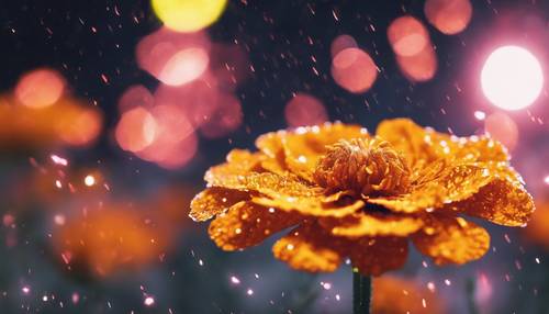 A surreal scene of a marigold gleaming with neon glitters in the moonlight.