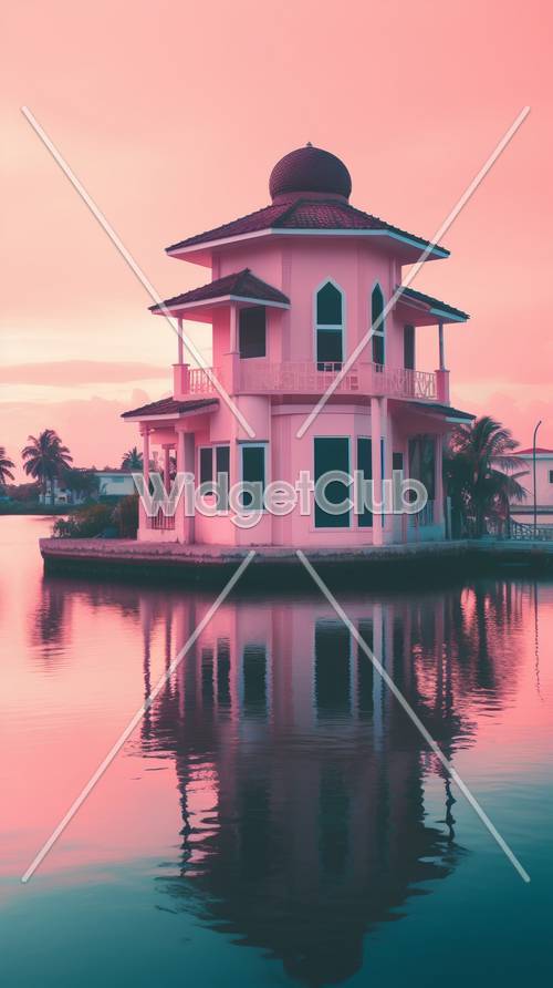 夕日に輝く水辺のピンク色の家