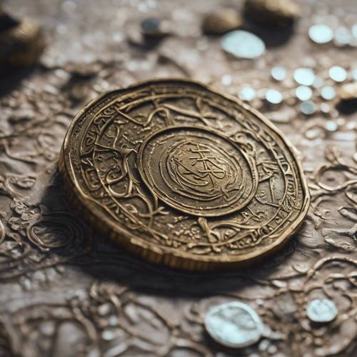 Uma moeda de latão envelhecida de uma civilização desconhecida, apresentando um símbolo ornamentado de Peixes como parte de seu design.