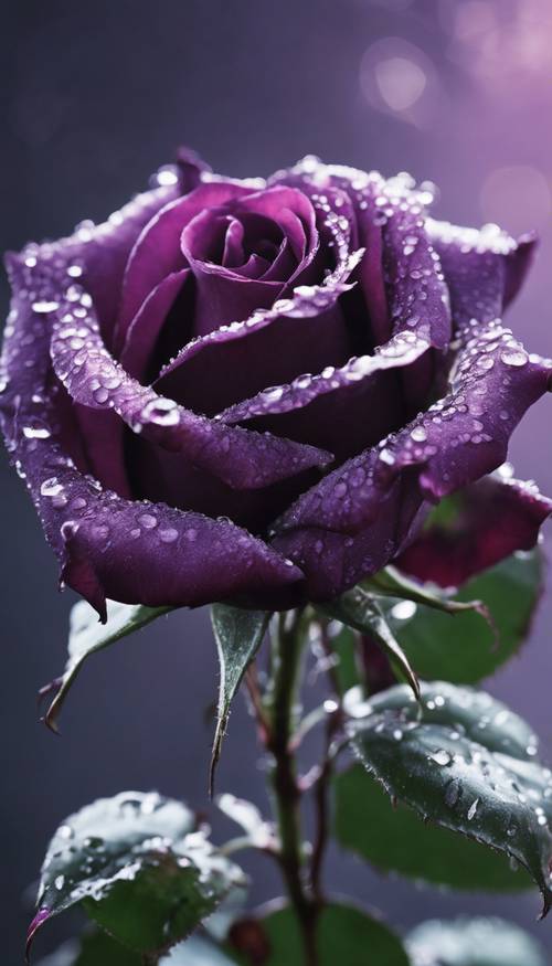 Zbliżenie ciemnofioletowej róży z przylegającymi do niej kroplami rosy. Tapeta [edd5512a0346426186b2]
