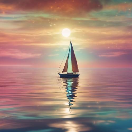 A solitary sailboat adrift in a tranquil ocean, guided by a celestial compass illuminated by a colorful aura.