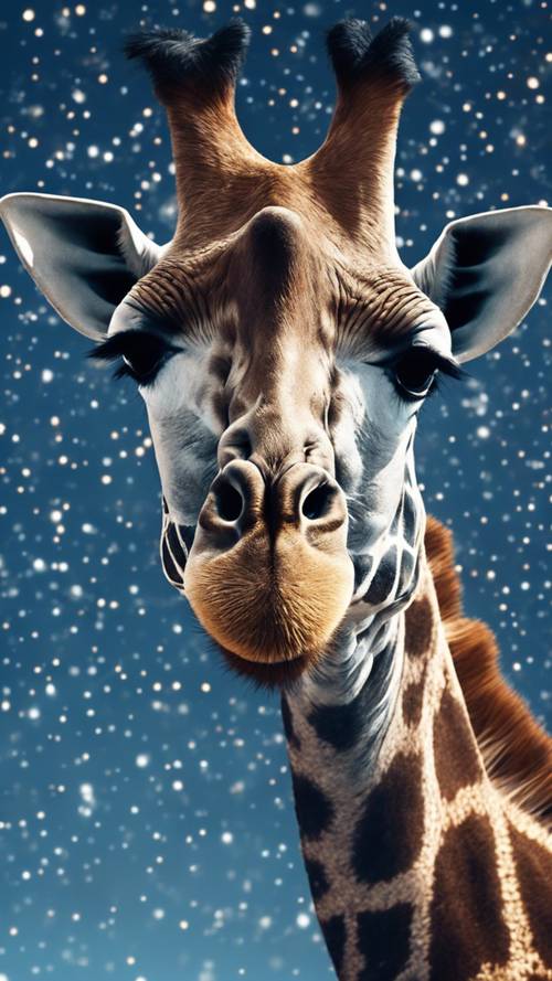 Żyrafa przedstawiona jako konstelacja na błękitnym nocnym niebie usianym błyszczącymi gwiazdami.