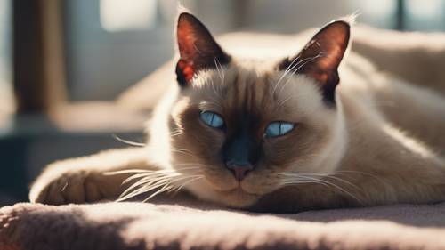 Eine ältere, friedlich schlafende Siamkatze an einem gemütlichen, sonnigen Plätzchen.