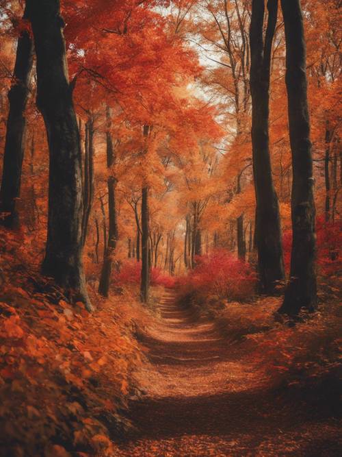 Pemandangan hutan musim gugur yang indah dengan dedaunan oranye dan merah cerah.