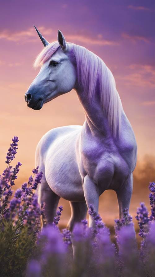 Un orgulloso unicornio de pie majestuosamente en un brillante campo de lavanda bajo el cielo crepuscular.