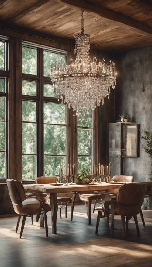 A rustic dining room with modern elements, featuring a large wooden table and crystal chandelier. Tapet [32c99afe185d422a9b80]
