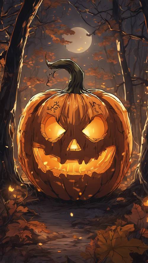 Lanterne citrouille d&#39;Halloween de style anime qui brille dans une forêt effrayante.