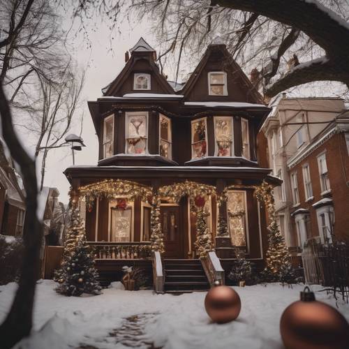 A charming, brown, Victorian-style house adorned with Christmas decorations.