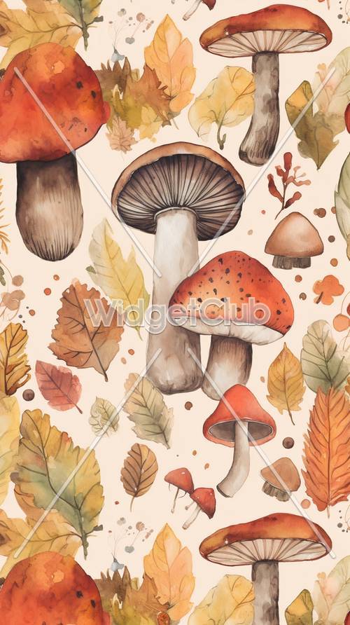 Colorful Autumn Mushrooms and Leaves Pattern
