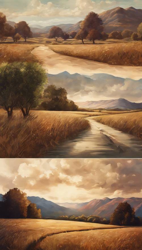 Une peinture de paysage sur papier brun épais.