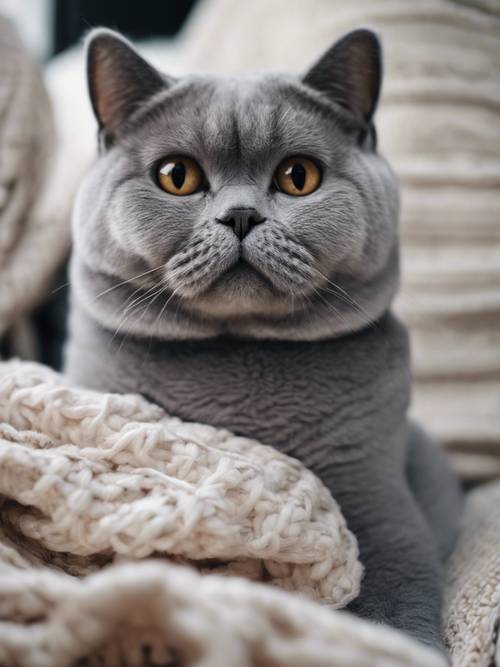 Seekor kucing British shorthair berwarna abu-abu duduk dengan puas di atas tumpukan selimut tebal dan nyaman.